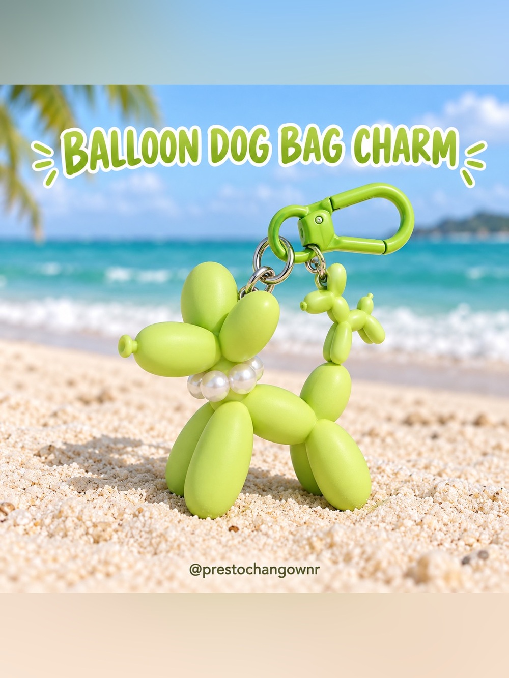 Lime Green Balloon Dog Pearl Collar Bag Charm Keychain